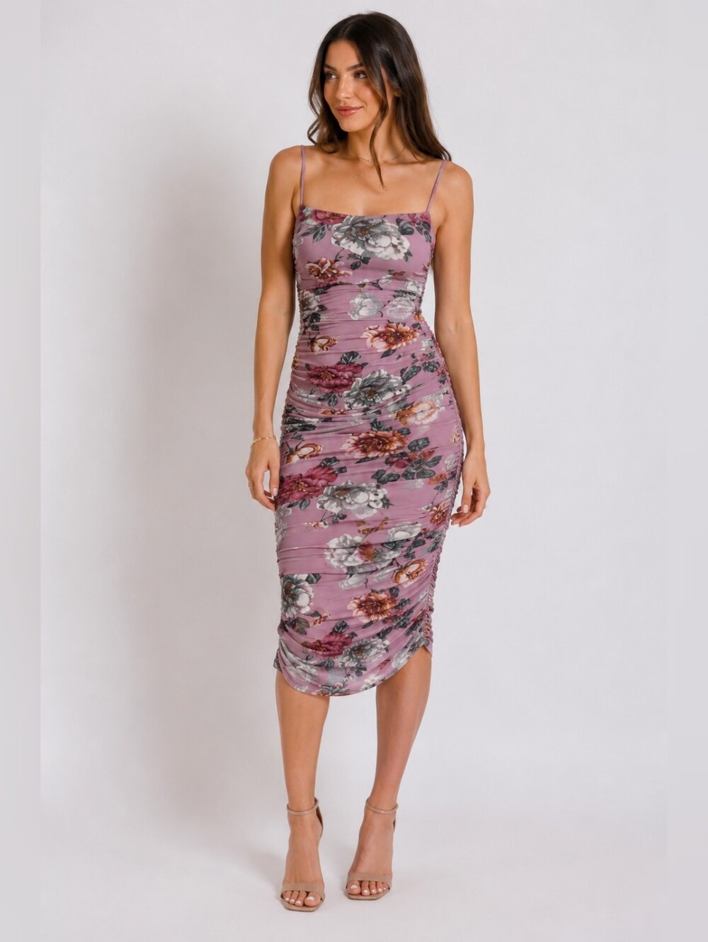 Honey Ruched Mesh Fitted Mauve Floral Midi Dress